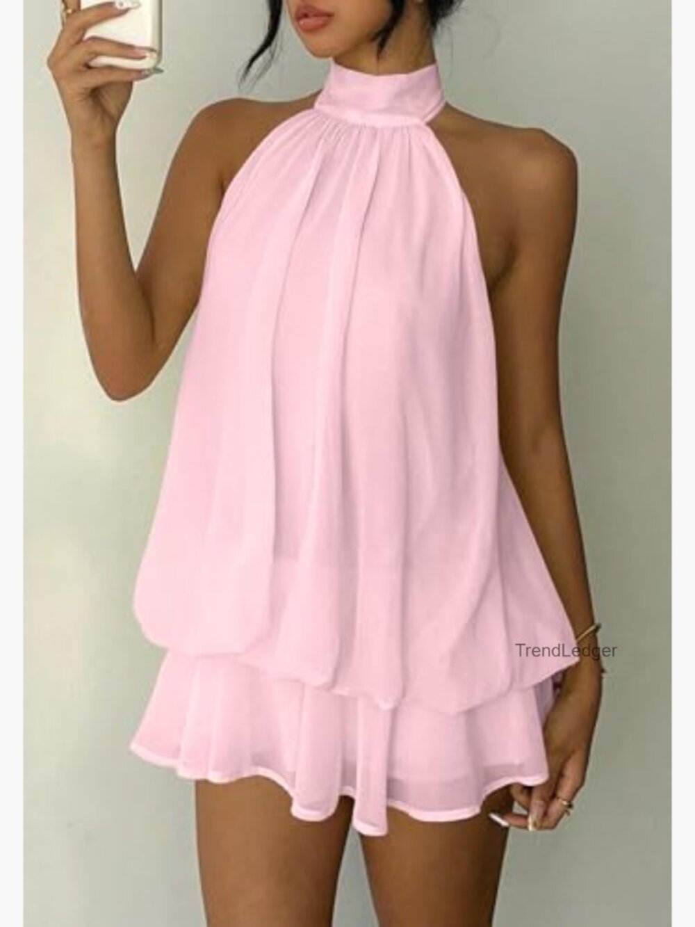 Elegant Chiffon Halter Drop Waist Mini Dress Wedding Guest Formal Club Outfit - Picture 4 of 7